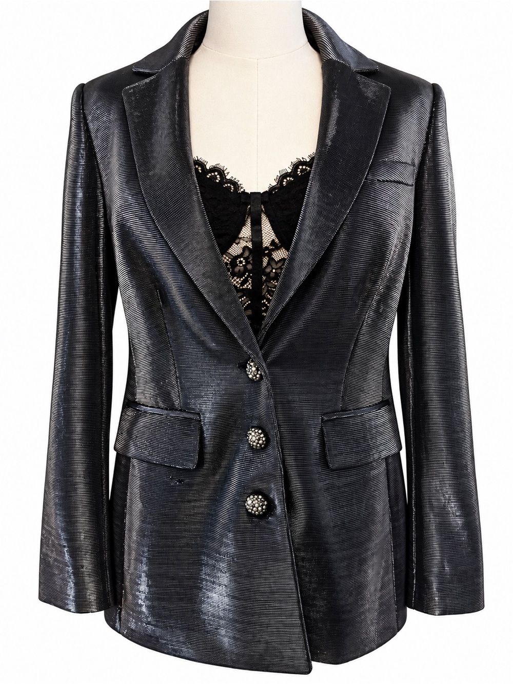 NWT Karl Lagerfeld Paris Metallic Gunmetal Rhinestone Blazer Size 6